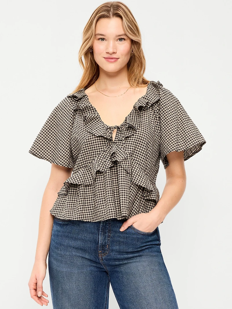 Satin Ruffle Tie-Front Top