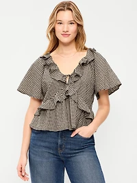 Satin Ruffle Tie-Front Top