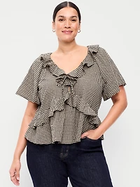 Satin Ruffle Tie-Front Top