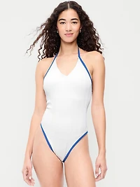 Ribbed V-Neck Halter One-Piece Swimsuit