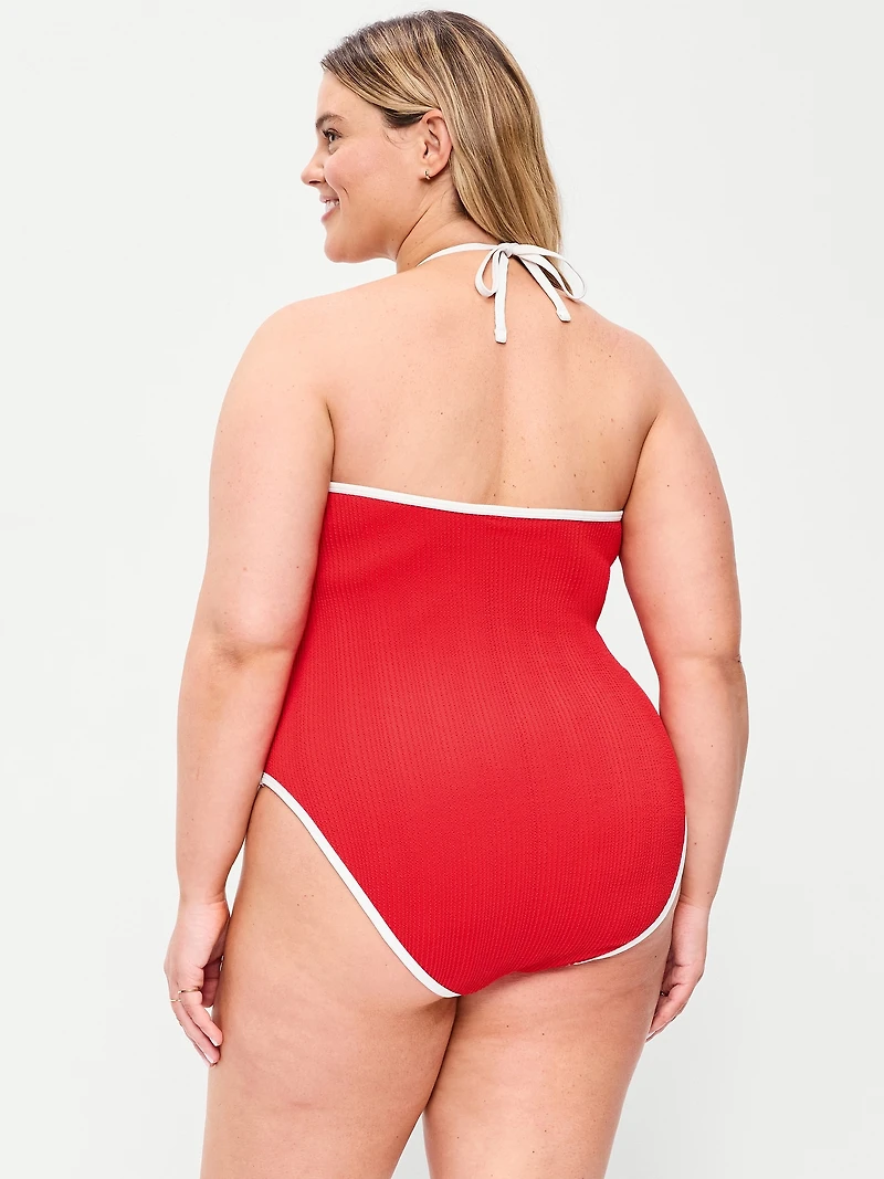 Ribbed V-Neck Halter One-Piece Swimsuit
