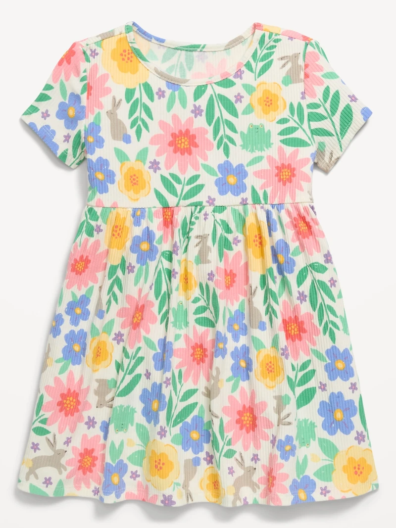 Short-Sleeve Ribbed Graphic Dress for Toddler Girls