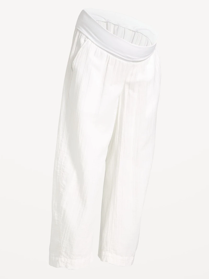 Maternity Rollover-Waist Crinkle Gauze Barrel Leg Ankle Pants