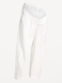 Maternity Rollover-Waist Crinkle Gauze Barrel Leg Ankle Pants
