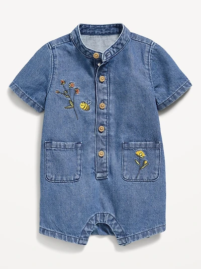 Embroidered Chambray One-Piece Romper for Baby