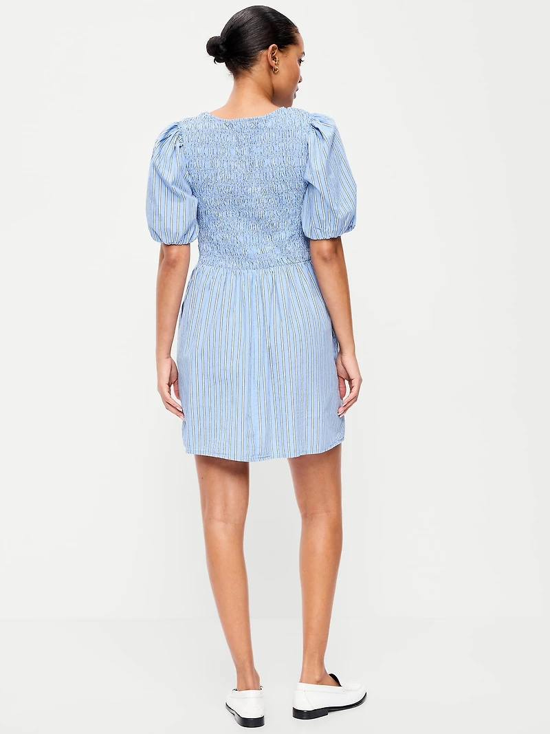 Smocked Puff-Sleeve Flare Mini Dress