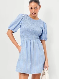 Smocked Puff-Sleeve Flare Mini Dress