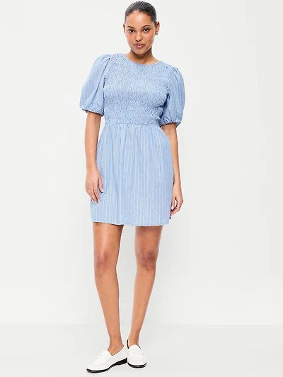 Smocked Puff-Sleeve Flare Mini Dress