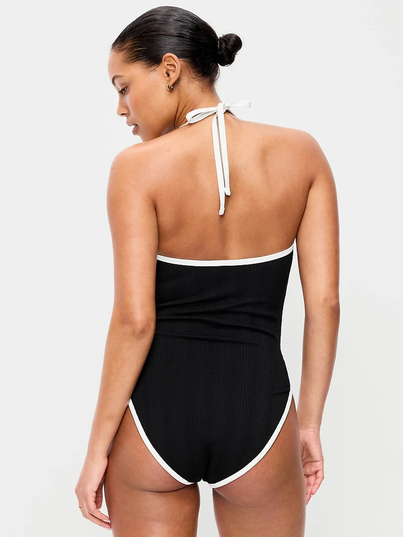 Ribbed V-Neck Halter One-Piece Swimsuit