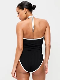 Ribbed V-Neck Halter One-Piece Swimsuit