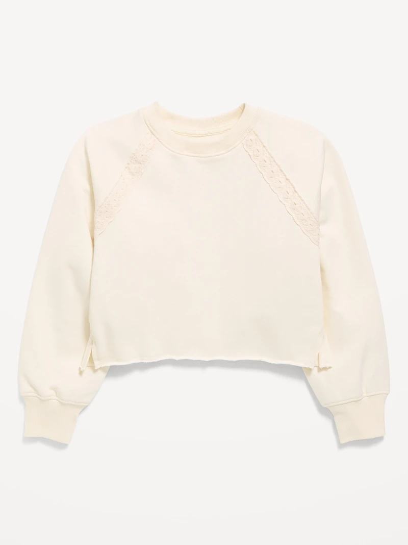 Lace-Trim French Terry Cropped Sweatshirt for Girls