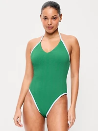 Ribbed V-Neck Halter One-Piece Swimsuit