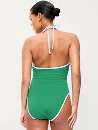 Ribbed V-Neck Halter One-Piece Swimsuit