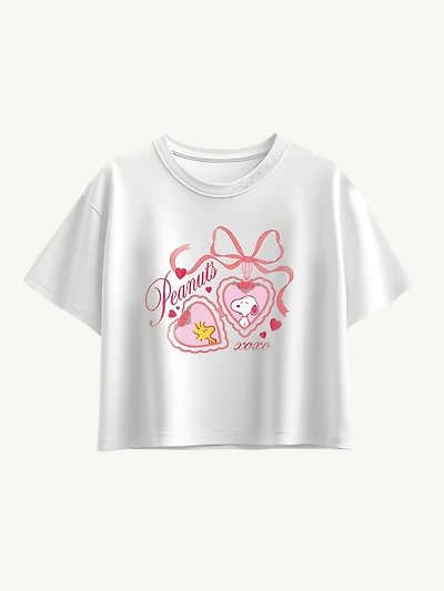 Peanuts Snoopy  Woodstock Heart Locket Short Sleeve Boxy Graphic T-Shirt For Girls