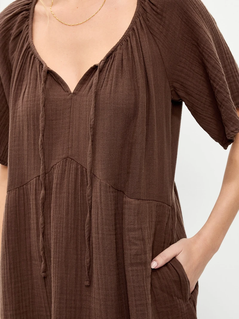Crinkle Gauze Flutter-Sleeve Mini Swing Dress