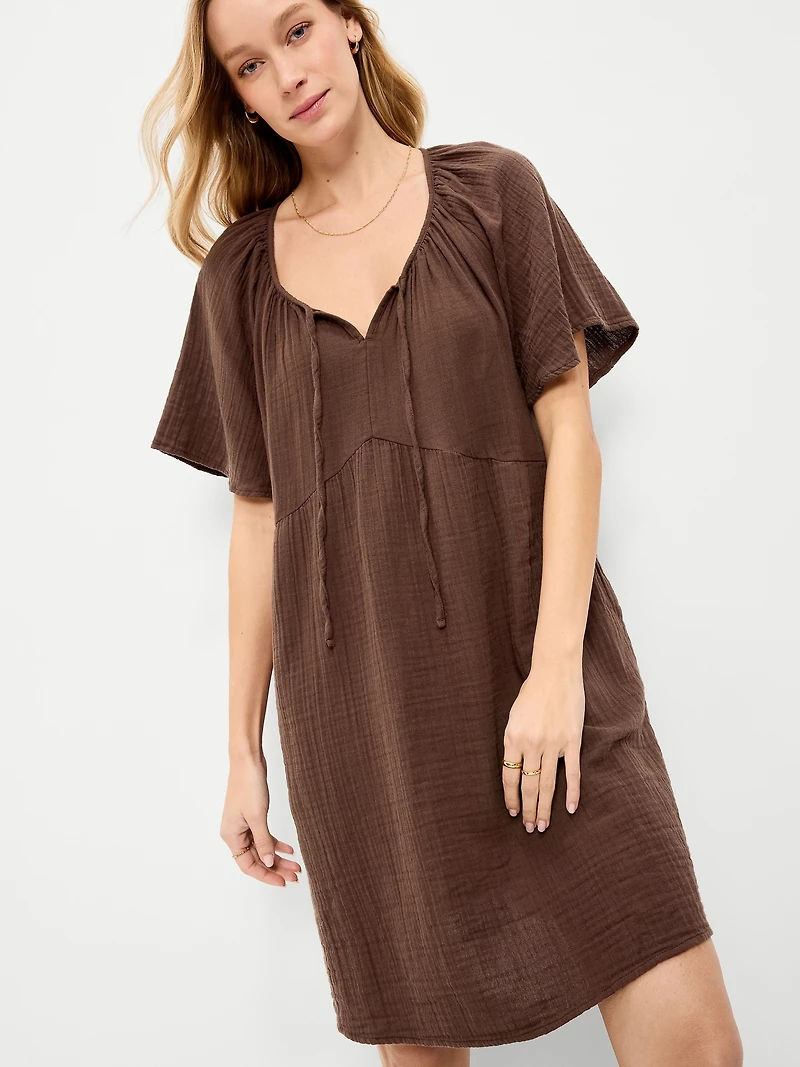Crinkle Gauze Flutter-Sleeve Mini Swing Dress