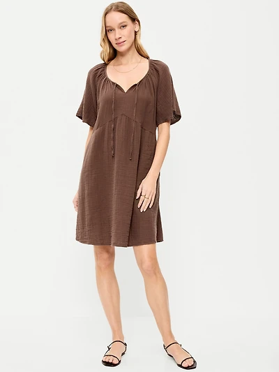 Crinkle Gauze Flutter-Sleeve Mini Swing Dress