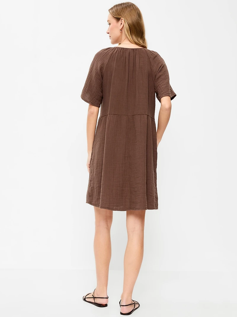 Crinkle Gauze Flutter-Sleeve Mini Swing Dress