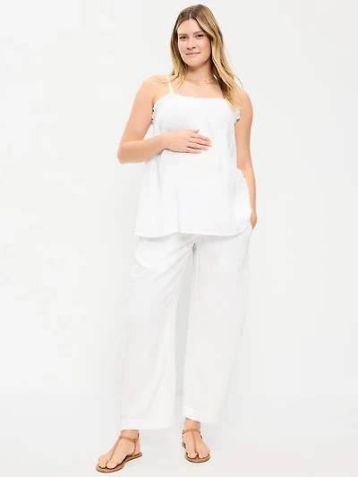 Maternity Rollover-Waist Crinkle Gauze Barrel Leg Ankle Pants