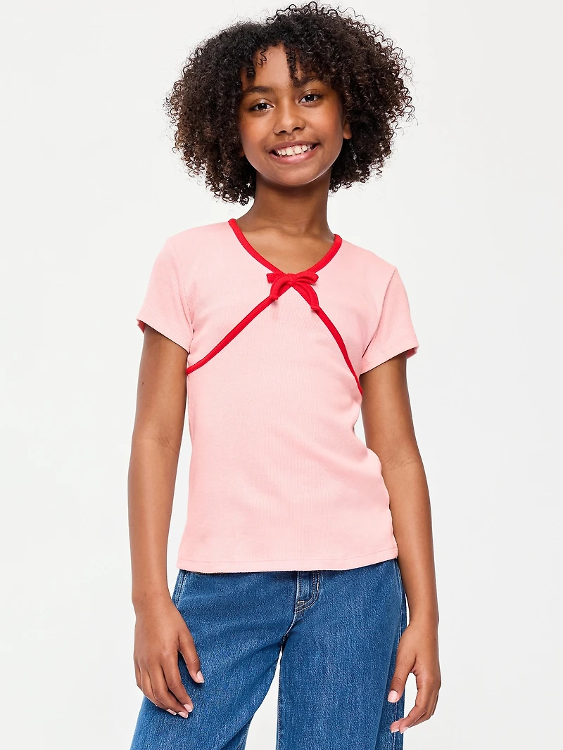 Fitted Short-Sleeve Ribbed Bow Top for Girls