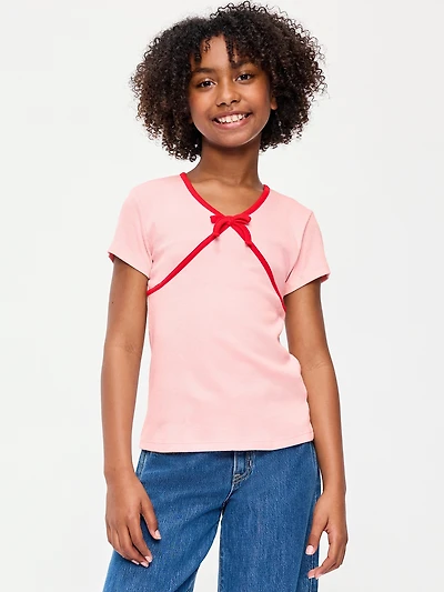 Fitted Short-Sleeve Ribbed Bow Top for Girls