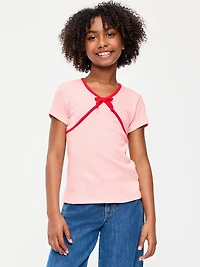 Fitted Short-Sleeve Ribbed Bow Top for Girls
