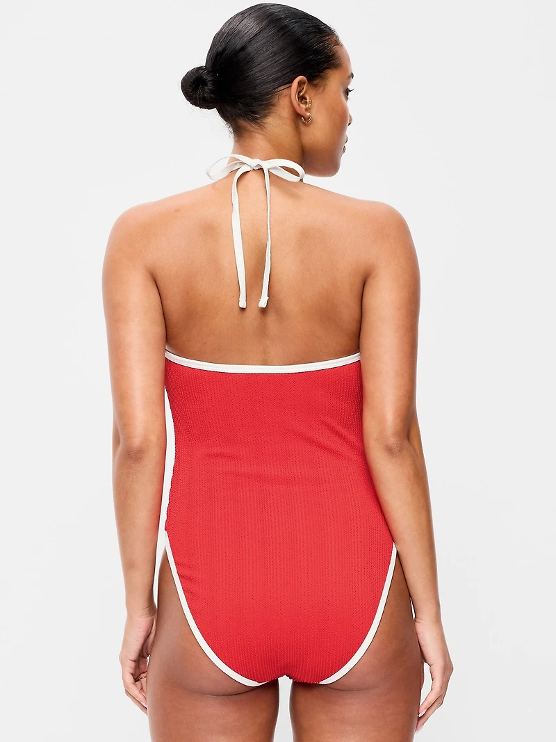 Ribbed V-Neck Halter One-Piece Swimsuit