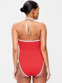 Ribbed V-Neck Halter One-Piece Swimsuit
