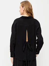 Open-Back Crinkle Gauze Button-Down Shirt