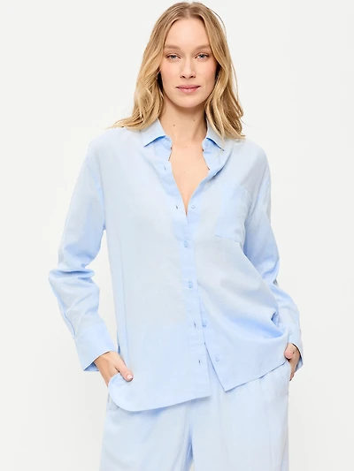 Linen-Blend Loose Button-Down Shirt