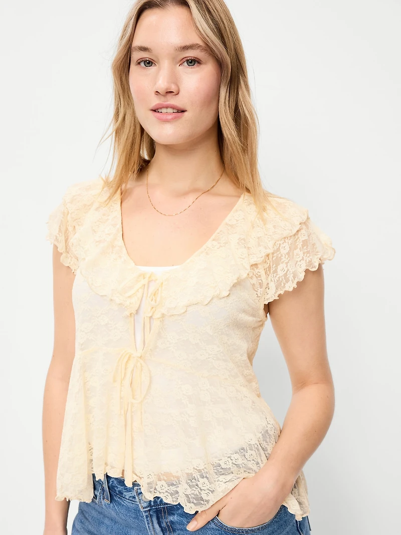 Short-Sleeve Open-Front Lace Ruffle Top