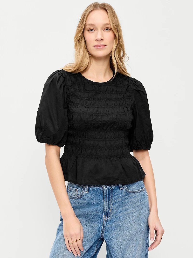 Puff Sleeve Peplum Smocked Top