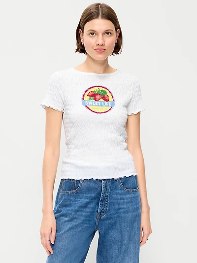 Slit-Neck Smocked Graphic Top