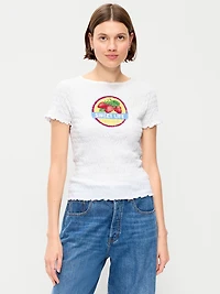 Slit-Neck Smocked Graphic Top