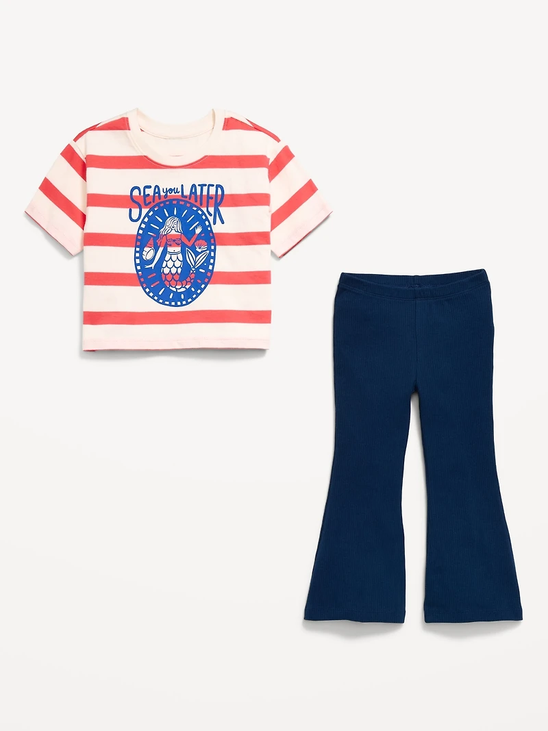 Oversized Short-Sleeve T-Shirt and Flare Leggings Set for Toddler Girls