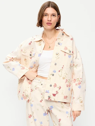 Oversized Floral Print Jean Trucker Jacket