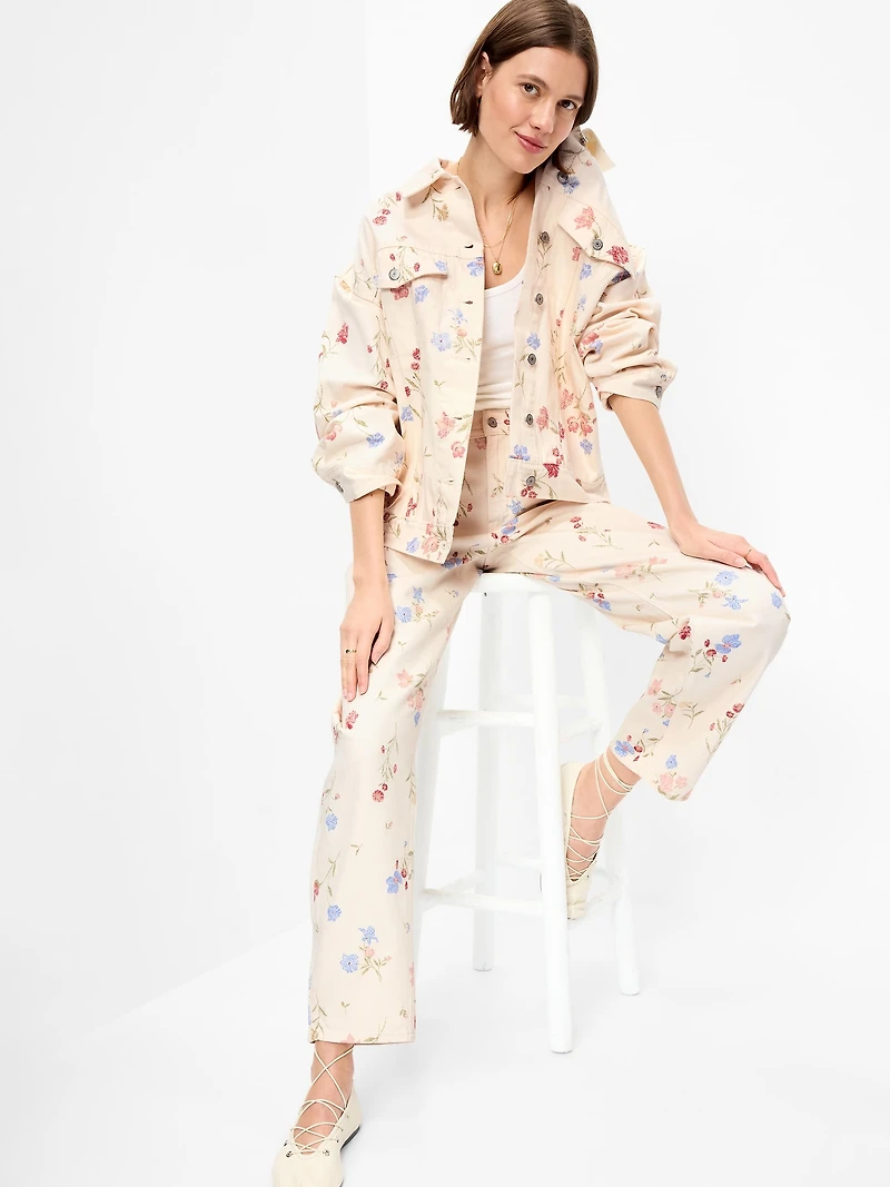 Oversized Floral Print Jean Trucker Jacket