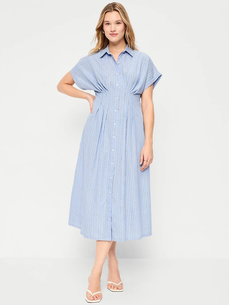 Pintuck-Waist Midi Shirt Dress