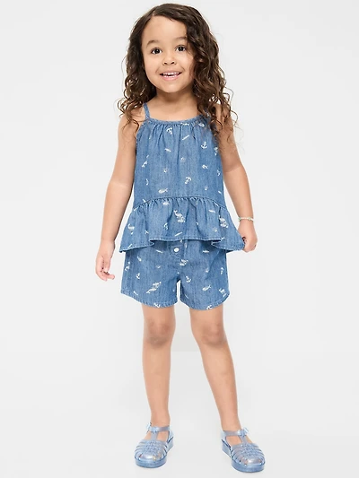 Printed Sleeveless Chambray Top and Shorts Set for Toddler Girls