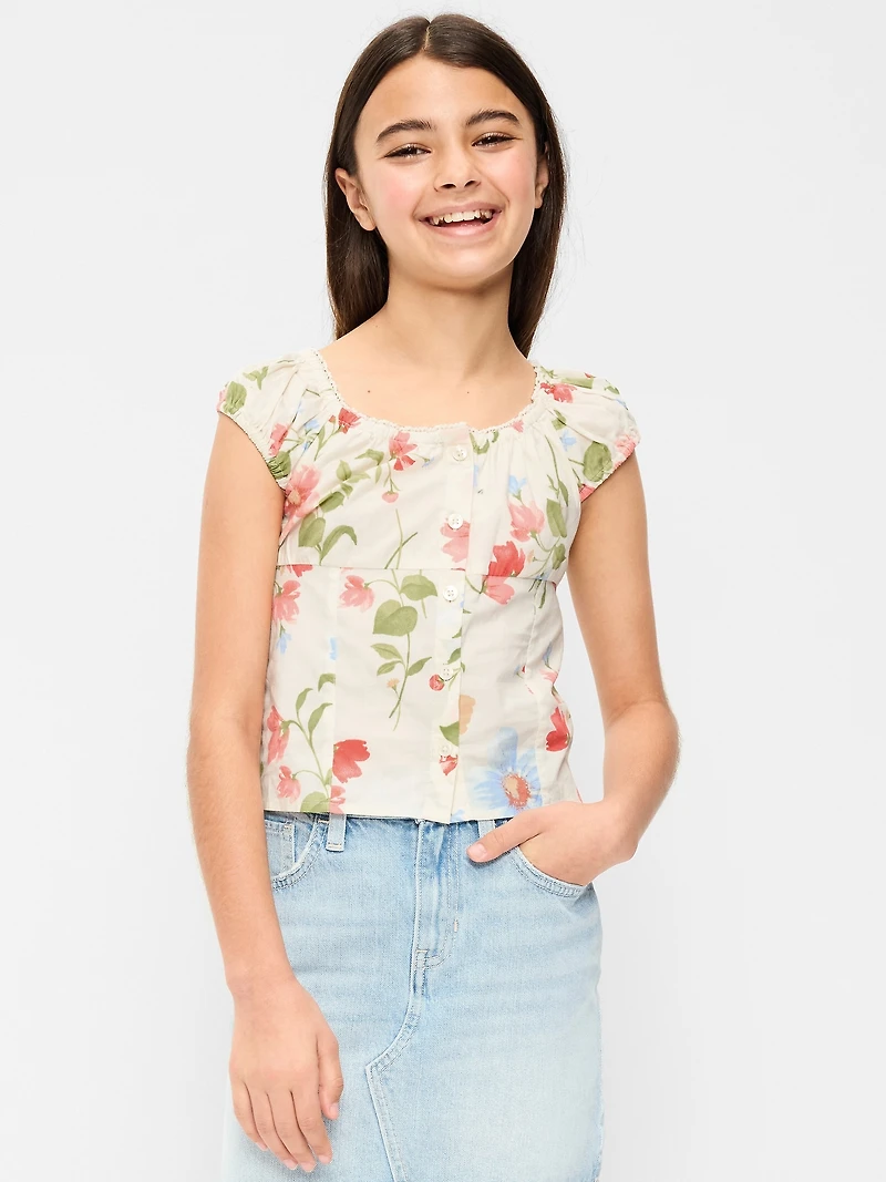 Fitted Button-Front Poplin Top for Girls