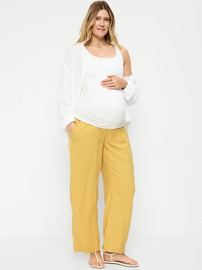 Maternity Rollover-Waist Crinkle Gauze Barrel Leg Ankle Pants
