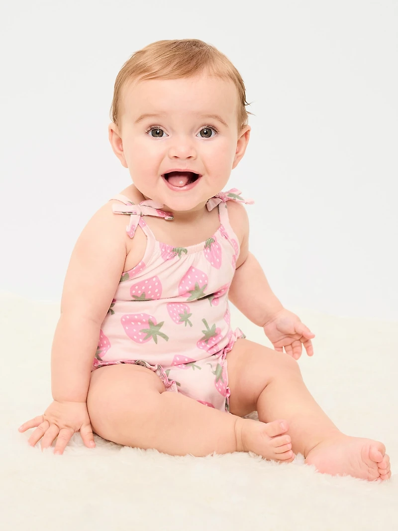 Printed Sleeveless Tie-Strap Romper for Baby