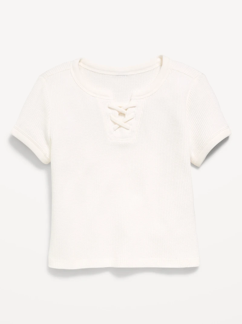Fitted Short-Sleeve Lace-Up Waffle-Knit Top for Girls