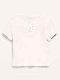 Fitted Short-Sleeve Lace-Up Waffle-Knit Top for Girls