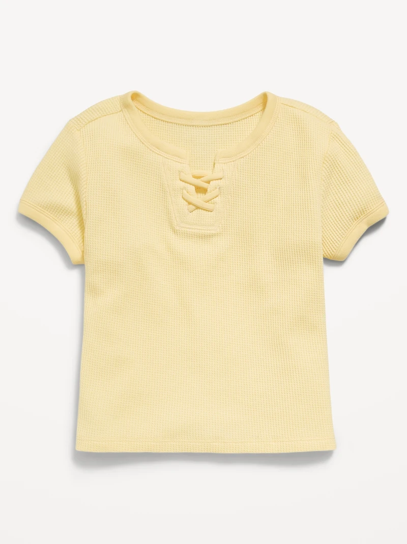 Fitted Short-Sleeve Lace-Up Waffle-Knit Top for Girls