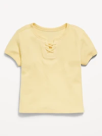 Fitted Short-Sleeve Lace-Up Waffle-Knit Top for Girls