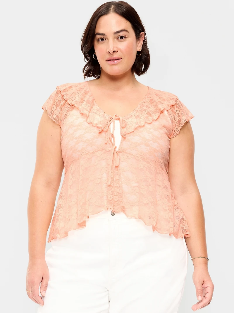 Short-Sleeve Open-Front Lace Ruffle Top