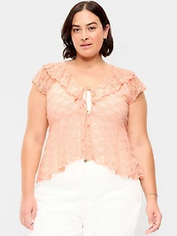 Short-Sleeve Open-Front Lace Ruffle Top