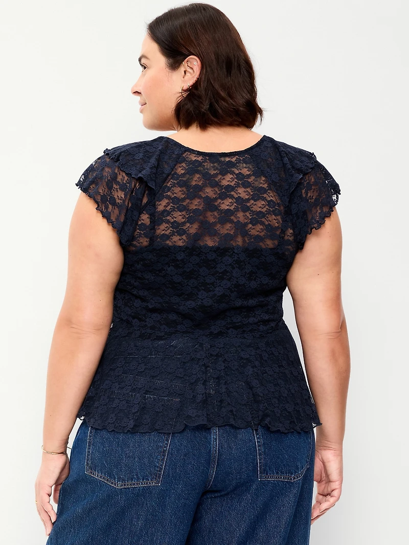 Short-Sleeve Open-Front Lace Ruffle Top