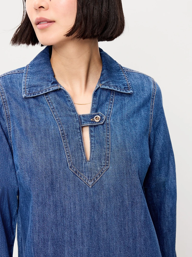 Long-Sleeve Popover Jean Mini Dress